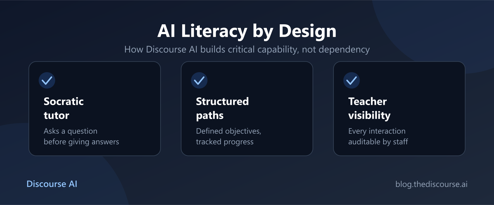 AI Literacy by Design — how Discourse AI builds critical capability: Socratic tutor, structured paths, teacher visibility